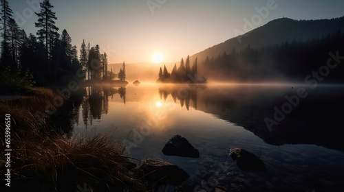 Free Photo of A breathtaking sunrise over a serene mountain lake  with mist rising from the water  pine trees on the shore