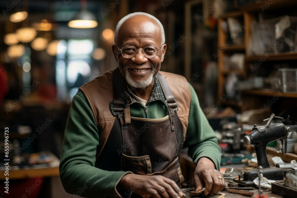 Happy face of a shoemaker. Portrait with selective focus and copy space Happy face of a shoemaker. Portrait with selective focus and copy space