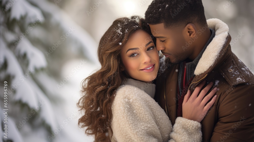 magic of a winter wonderland as an interracial couple shares a joyful moment surrounded by the serene beauty of a snow-covered forest. magic of a winter wonderland as an interracial couple shares a joyful moment surrounded by the serene beauty of a snow-covered forest.