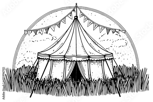 Retro circus marquee tent with flag hand drawn ink sketch. Engraving style vector illustration