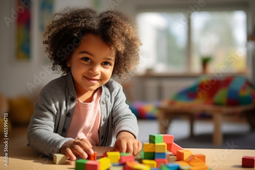 A child plays with toy blocks. Portrait with selective focus and copy space