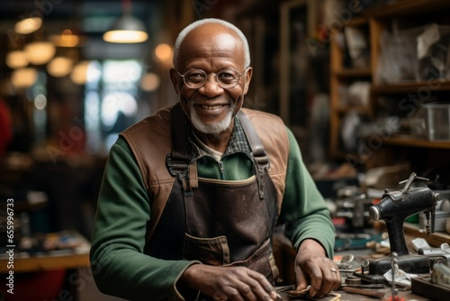 Happy face of a shoemaker. Portrait with selective focus and copy space © top images