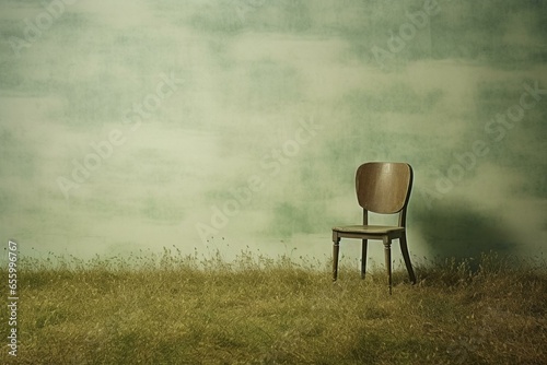 Overgrown grass and chair on floor. Empty wall with landscape background. Generative AI
