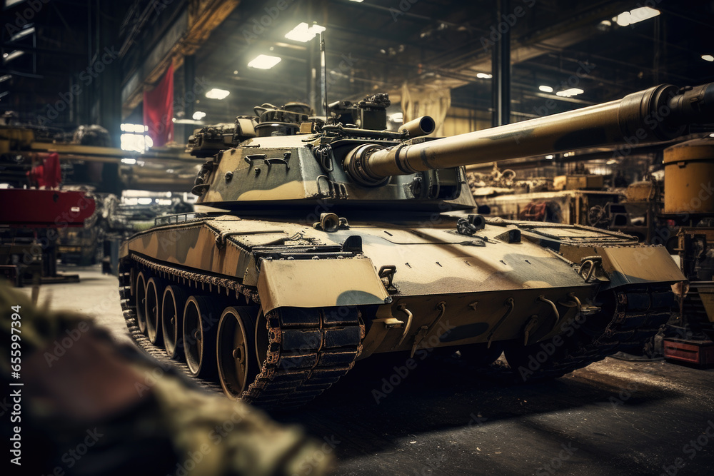 Heavy military tank in modern hangar