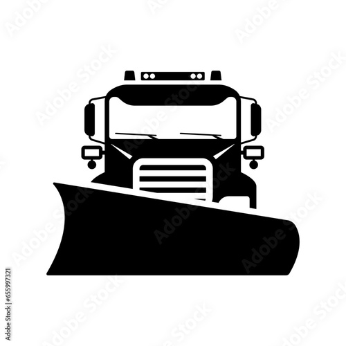 Truck snowplow icon. Snowblower. Black silhouette. Front view. Vector simple flat graphic illustration. Isolated object on a white background. Isolate.