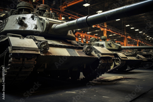 Heavy military tank in modern hangar