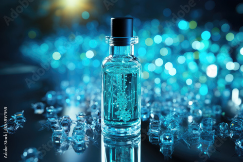 Medical, pharmaceutical or cosmetic glass bottles with medicine, cosmetics, or vaccine on a blue background