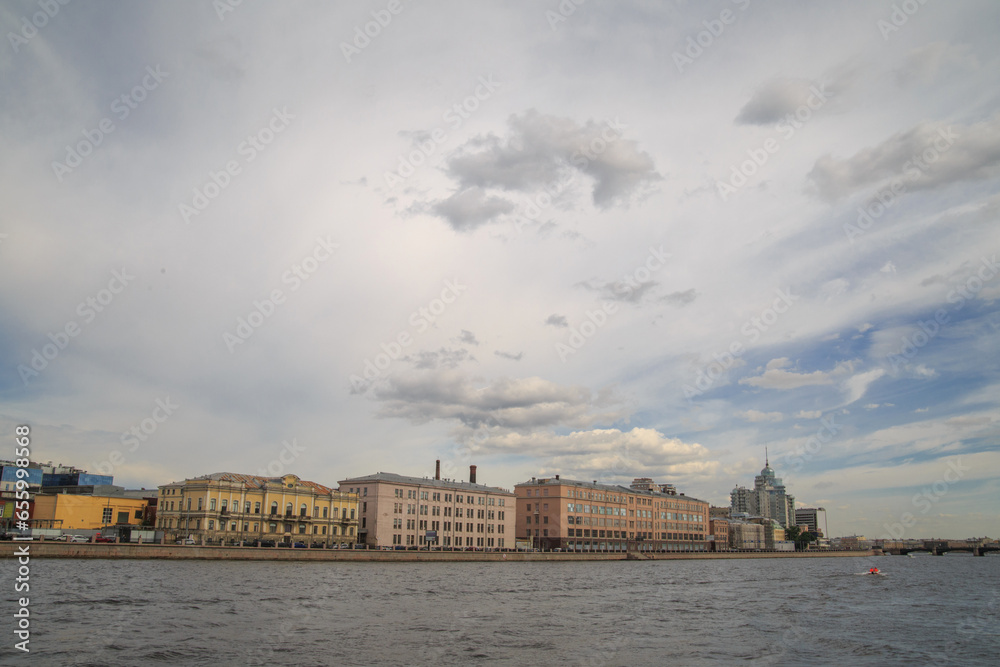 Embankment of the Neva River on a summer day, St. Petersburg, Russia.