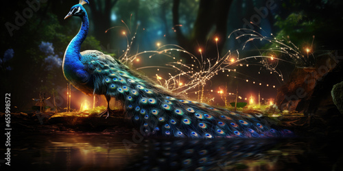 Beautiful peacock against a magical background. Fairytale wallpaper. Magic postcard. Banner