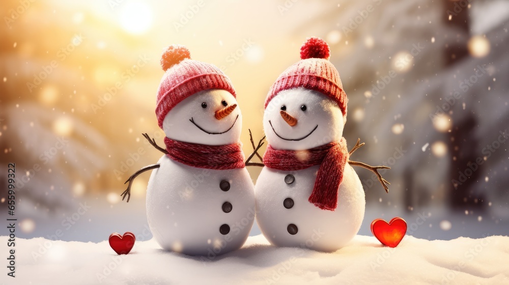 essence of winter love with an adorable snowman couple, their affectionate moment highlighted by a snow heart in between.