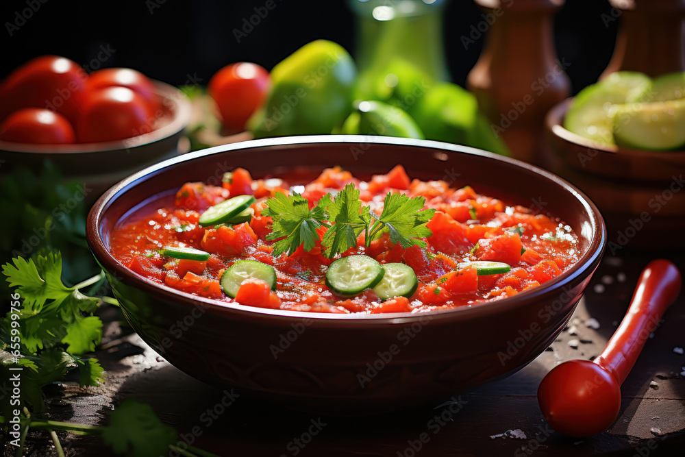 A bowl of gazpacho, a cold Spanish tomato soup, garnished with diced cucumbers and bell peppers. Concept of refreshing summer dishes. Generative Ai. A bowl of gazpacho, a cold Spanish tomato soup, garnished with diced cucumbers and bell peppers. Concept of refreshing summer dishes. Generative Ai.