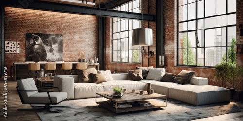 Loft style living room decor with brick walls, interior design with large sofa and panoramic windows © Dinara