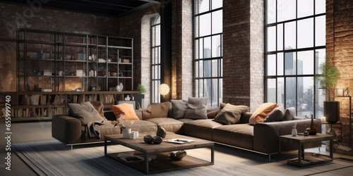 Loft style living room decor with brick walls, interior design with large sofa and panoramic windows