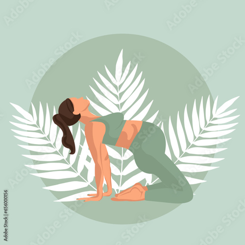A pregnant woman does yoga against the background of a plant