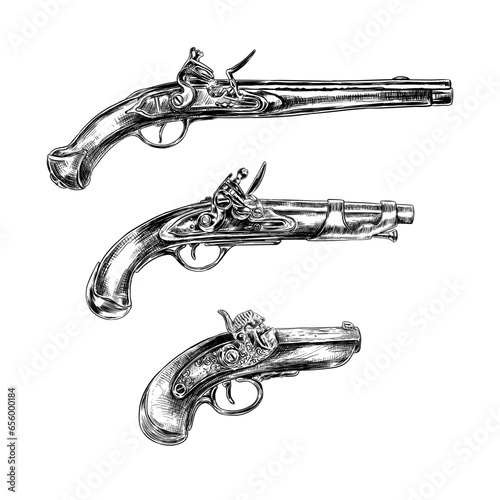 three lineart drawings of medieval and vintage gun