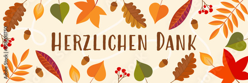 Herzlichen Dank - Schriftzug in deutscher Sprache. Herbstliche Dankeskarte mit buntem Laub.