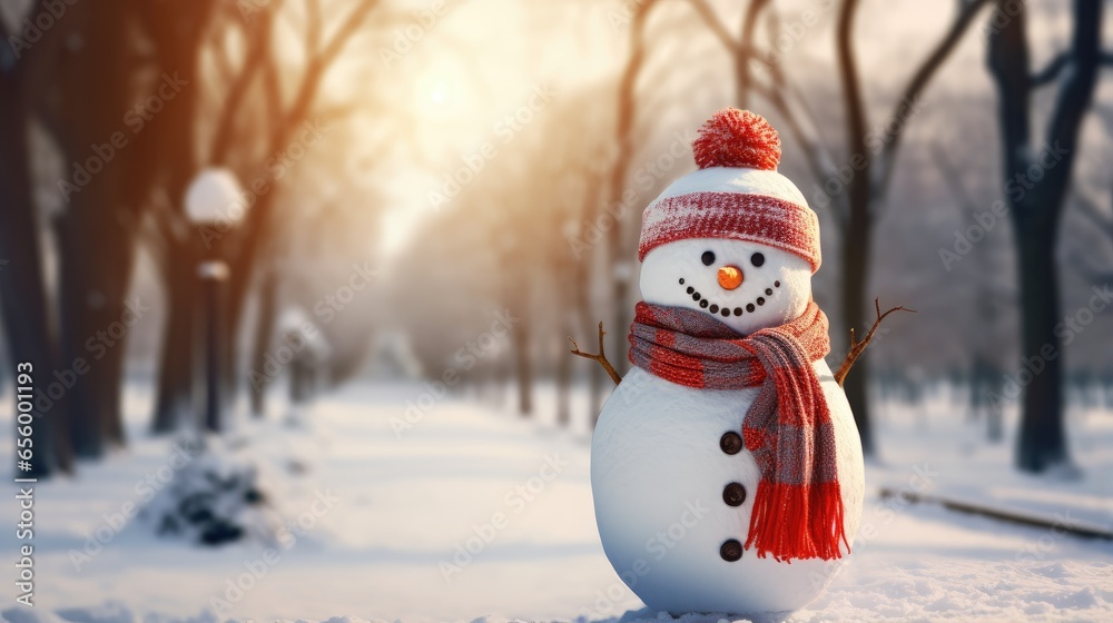 Obraz premium whimsical winter scene in the park with a funny snowman wearing a colorful scarf.