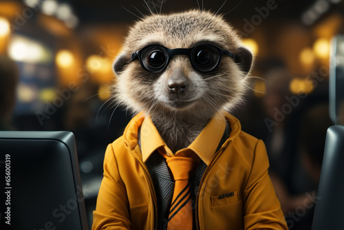 Fototapeta Naklejka Na Ścianę i Meble -  A meerkat as a customer service representative, emphasizing the role of animals in providing service and support. Generative Ai.