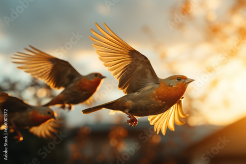 A group of birds migrating for business purposes, symbolizing the mobility and global reach of animal enterprises. Generative Ai. © Sebastian