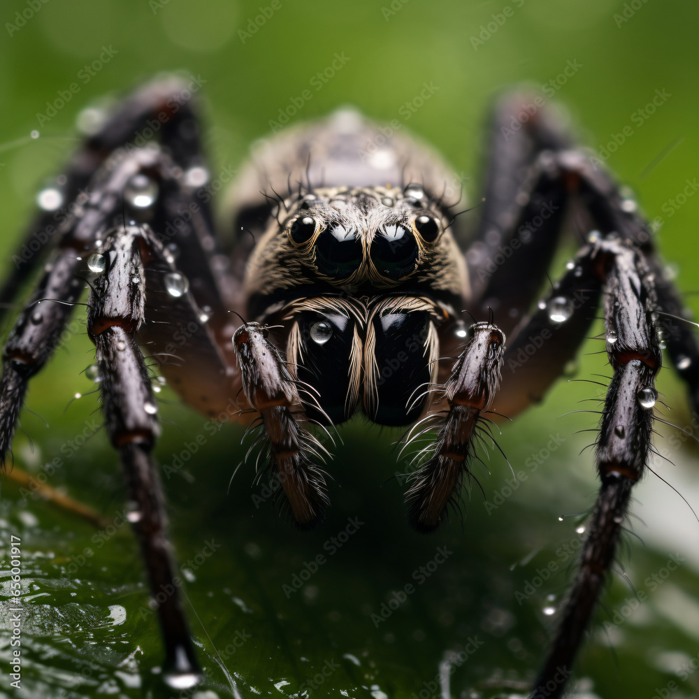 Fototapeta premium Spider, photography, black, eight-legged, predatory, on a dew-kissed web, eerie, morning mist light, muted grays and blacks Generative AI