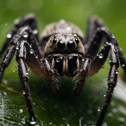 Spider, photography, black, eight-legged, predatory, on a dew-kissed web, eerie, morning mist light, muted grays and blacks Generative AI