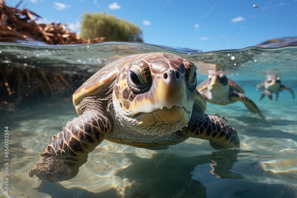 Obraz premium A group of sea turtles engaged in ecotourism, guiding animal tourists through natural habitats. Generative Ai.