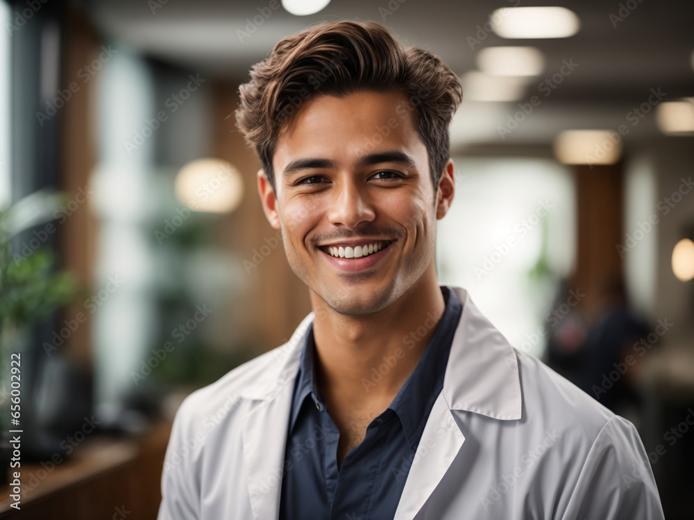Obraz premium Portrait of a happy male doctor with hospital background, Smart and Enjoy doctor, Health Care Concept, AI Generative