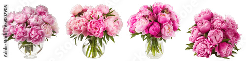 Large flower arrangement or bouquet with many peonies isolated on transparent background generative ai