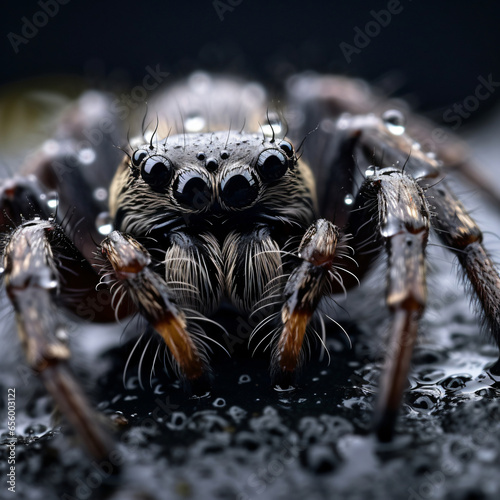 Spider, photography, black, eight-legged, predatory, on a dew-kissed web, eerie, morning mist light, muted grays and blacks Generative AI © yuniazizah