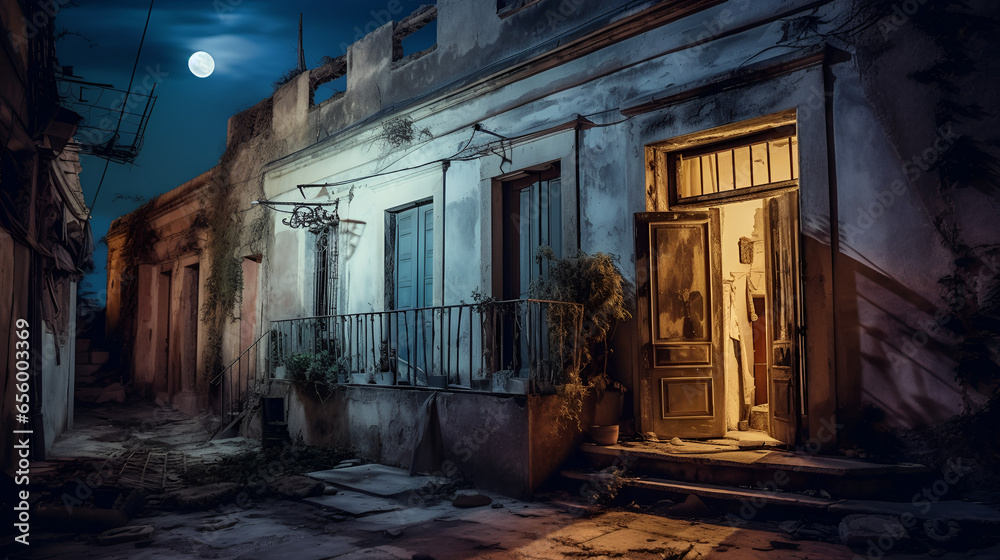 Lunar Desolation: Derelict House Silhouetted Against a Ghostly Moonlight, Created with Generative A