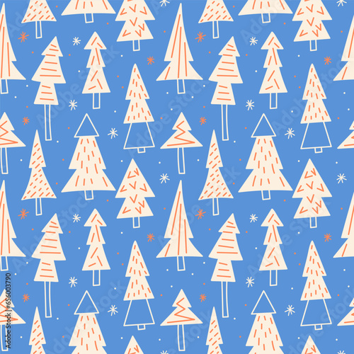 Seamless pattern with various trees, snowflakes. Hand drawn vector illustration for holidays. Creative repeatable wallpaper background for Christmas design