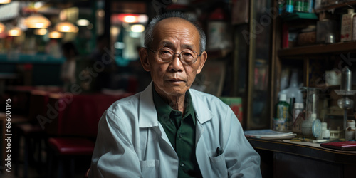 old Asian male doctor with stethoscope and white jacket