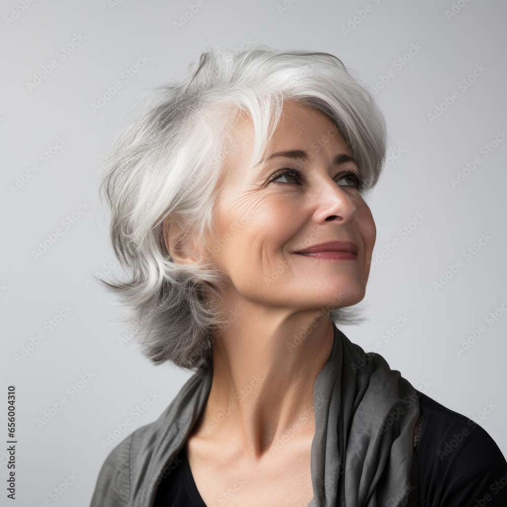 Middle age woman with white hairs smiling, laughing Middle age woman with white hairs smiling, laughing