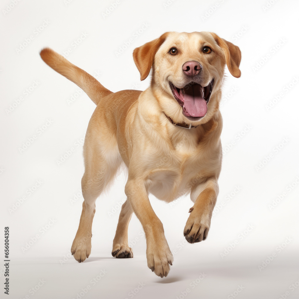 Golden Labrador running. White background. AI generated.