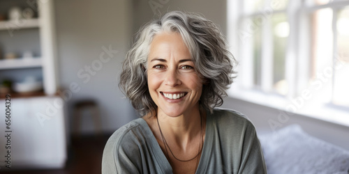 Middle age woman with white hairs smiling, laughing 