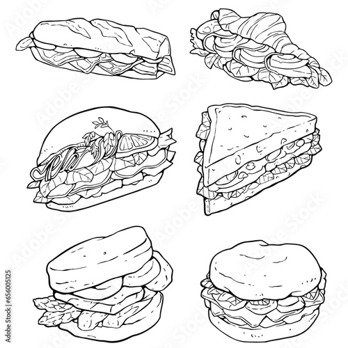 vector illustration of sandwiches with detailed drawing. black and white, black line vector