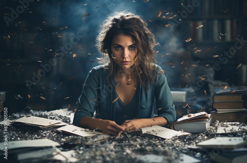 Creative struggle: depressed woman among books and torn papers