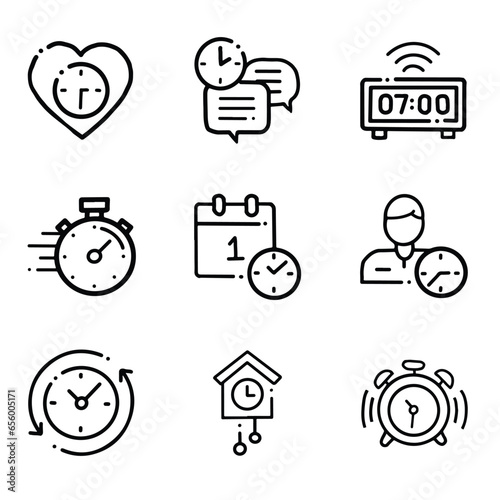 Outline time icon. Timekeeper, stopwatch and timer icons. Alarm clock, calendar and line hourglass sign. Alarm clock timing, work deadline or timer measurement. isolated symbols set - line vector