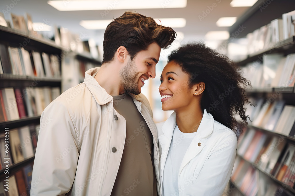 Happy multiracial couple having date in modern bookstore