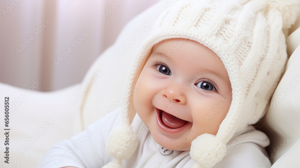 joy of the holiday season with an adorable image of a funny little baby, dressed in a Christmas-themed knitted hat and jacket, playing and laughing on a cozy white blanket joy of the holiday season with an adorable image of a funny little baby, dressed in a Christmas-themed knitted hat and jacket, playing and laughing on a cozy white blanket
