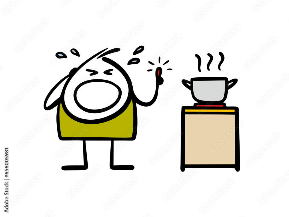Vetor de Doodle little boy has burned finger on hot pot on stove and is