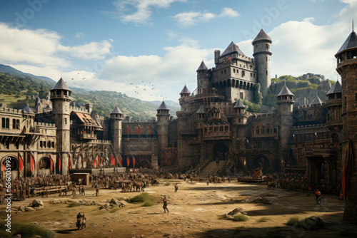 A medieval tournament field, where knights engage in jousting and martial competitions. Generative Ai.