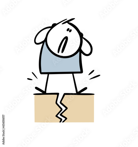 Cartoon man in great panic shouts, looks down at a crack in the ground. Vector illustration of an earthquake and doodle scared stickman. Natural disaster.