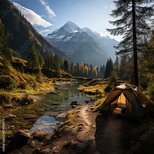View from inside a camping tent over a stunning forest with mountains in the background