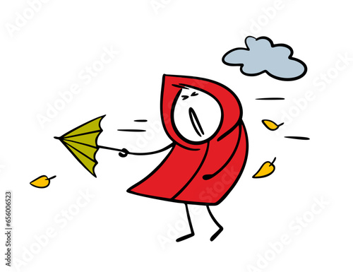 Cartoon stickman in a red raincoat suffers from a strong wind, an umbrella flies away, it rains. Vector illustration of autumn bad weather and leaf fall.