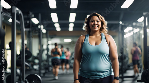 Strong and plump woman happy in the gym while training. Body positivity. Progress for all physicists. Body care and physical well-being. Food and exercise.