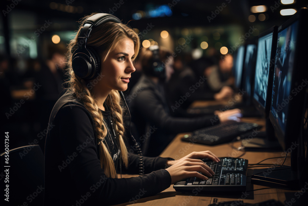 A busy call center with customer service representatives assisting clients. Generative Ai. A busy call center with customer service representatives assisting clients. Generative Ai.
