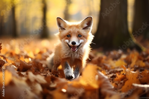 Cute Fox runs through autumn leaves Generative Ai