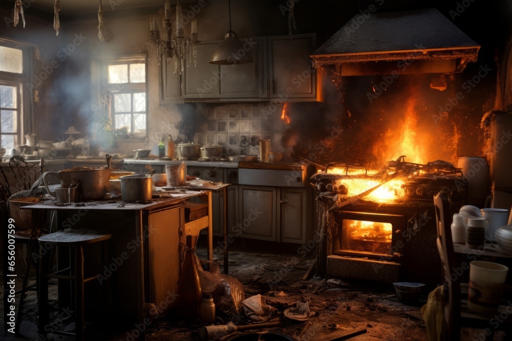 A major fire that broke out in a kitchen after a Grease fire Generative Ai