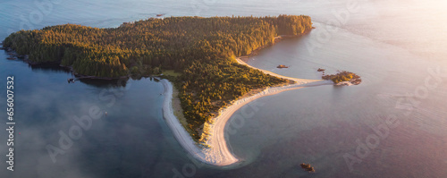 Vibrant Landscape on the West Coast of Pacific Ocean. Dramatic Sunset. Tofino. Aerial Nature Background Panorama